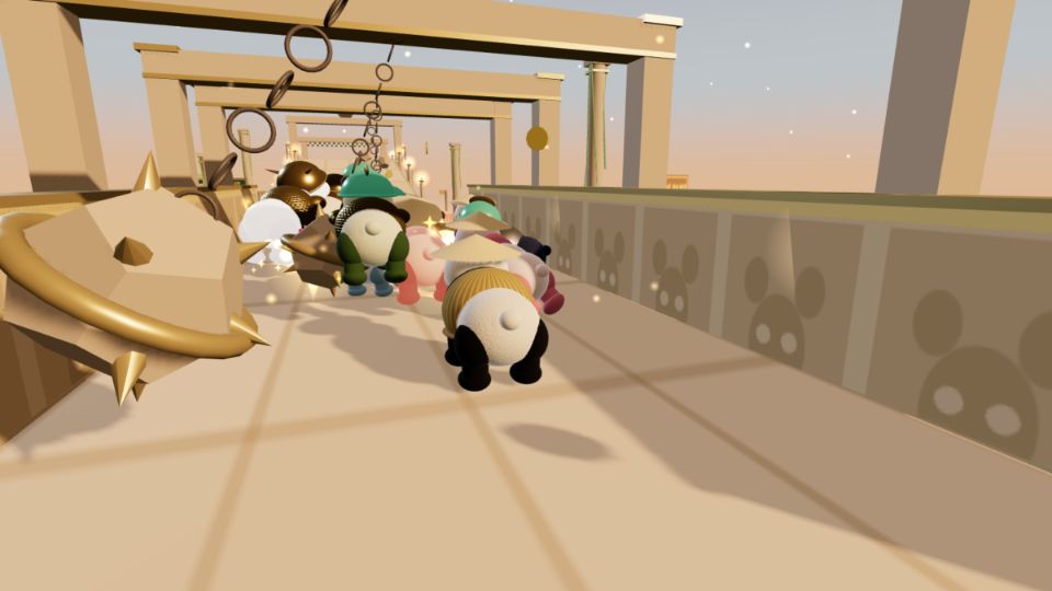 Pandas running through a sandstone temple corridor under swinging spiked maces